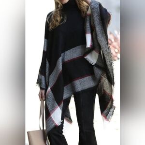 Women's Black and White Plaid Sweater Poncho
